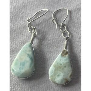 Larimar and Silver Metal Dangle Fishhook Earrings About 2"